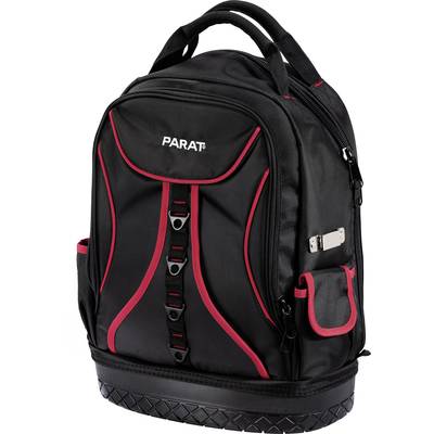 Schwarzer Rucksack mit roten Akzenten, mehreren Fächern und robustem Boden. Geeignet für Werkzeuge oder technisches Equipment.