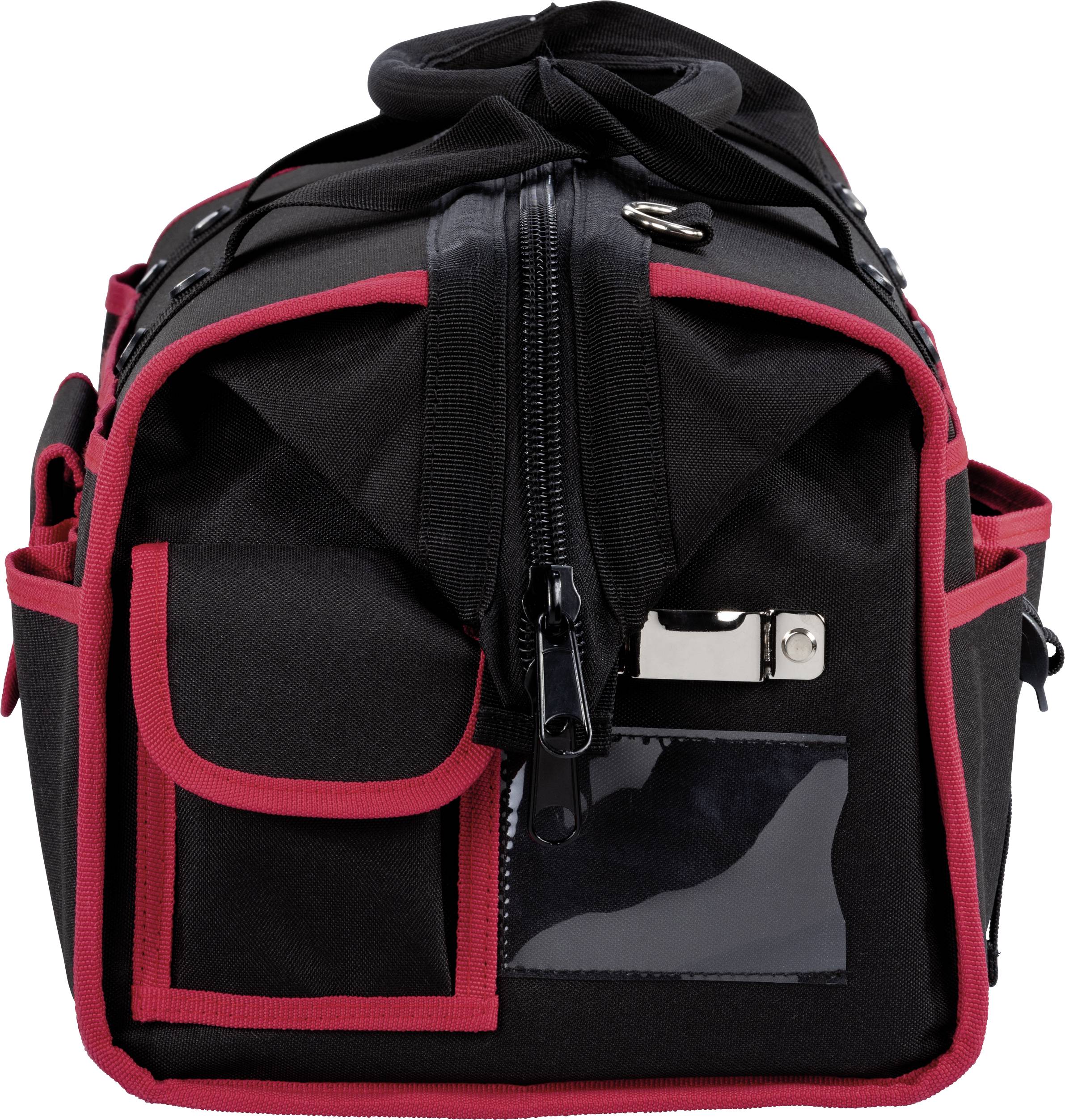 Schwarze Werkzeugtasche mit roten Kanten, mehreren Fächern und Sichtfenster vorne. Die Tasche hat einen Reißverschluss oben.