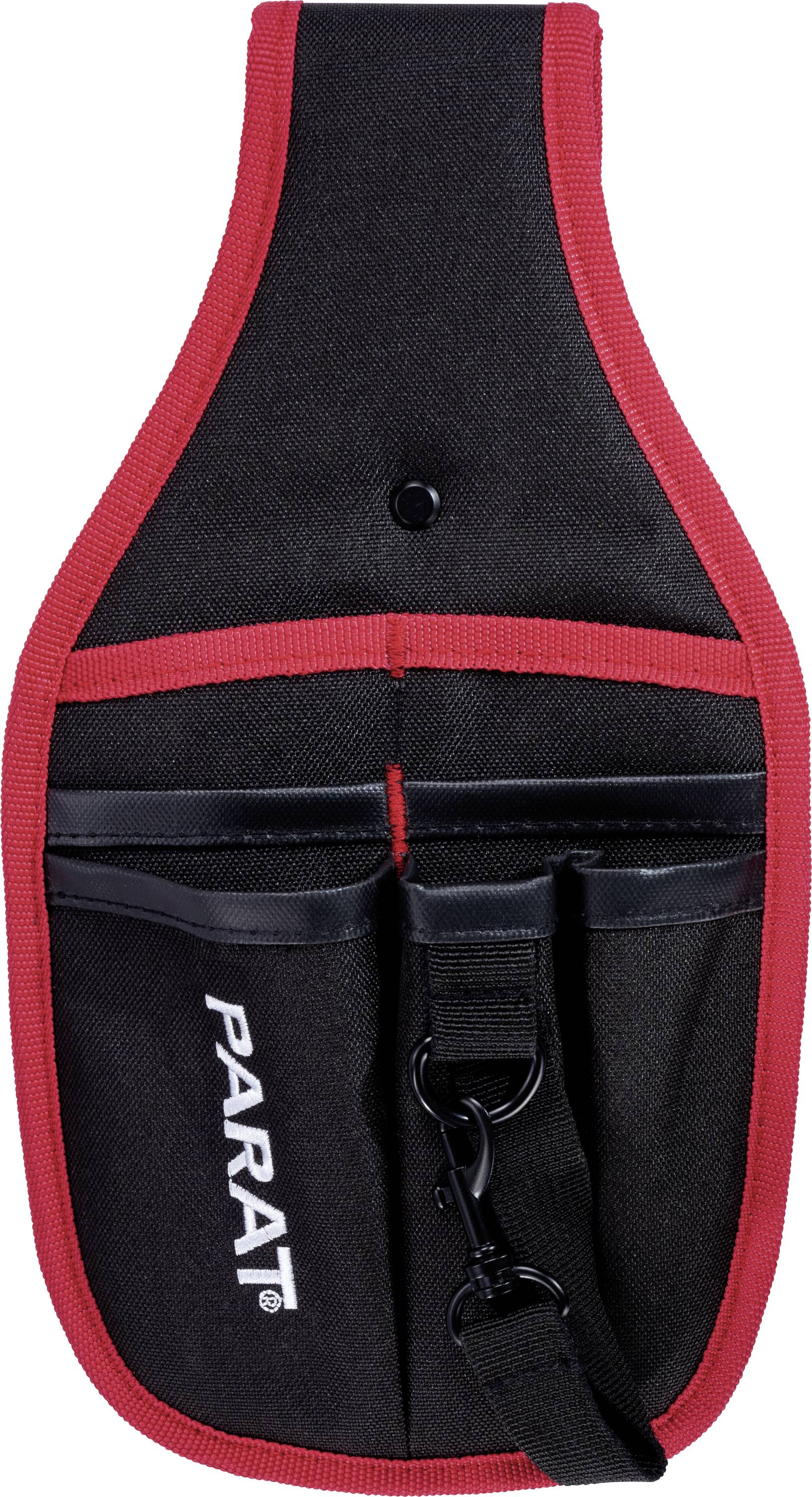 Schwarze Werkzeugtasche mit rotem Rand, zwei großen Fächern und Clip. Markiert mit 'PARAT'. Ideal für Werkzeugaufbewahrung.