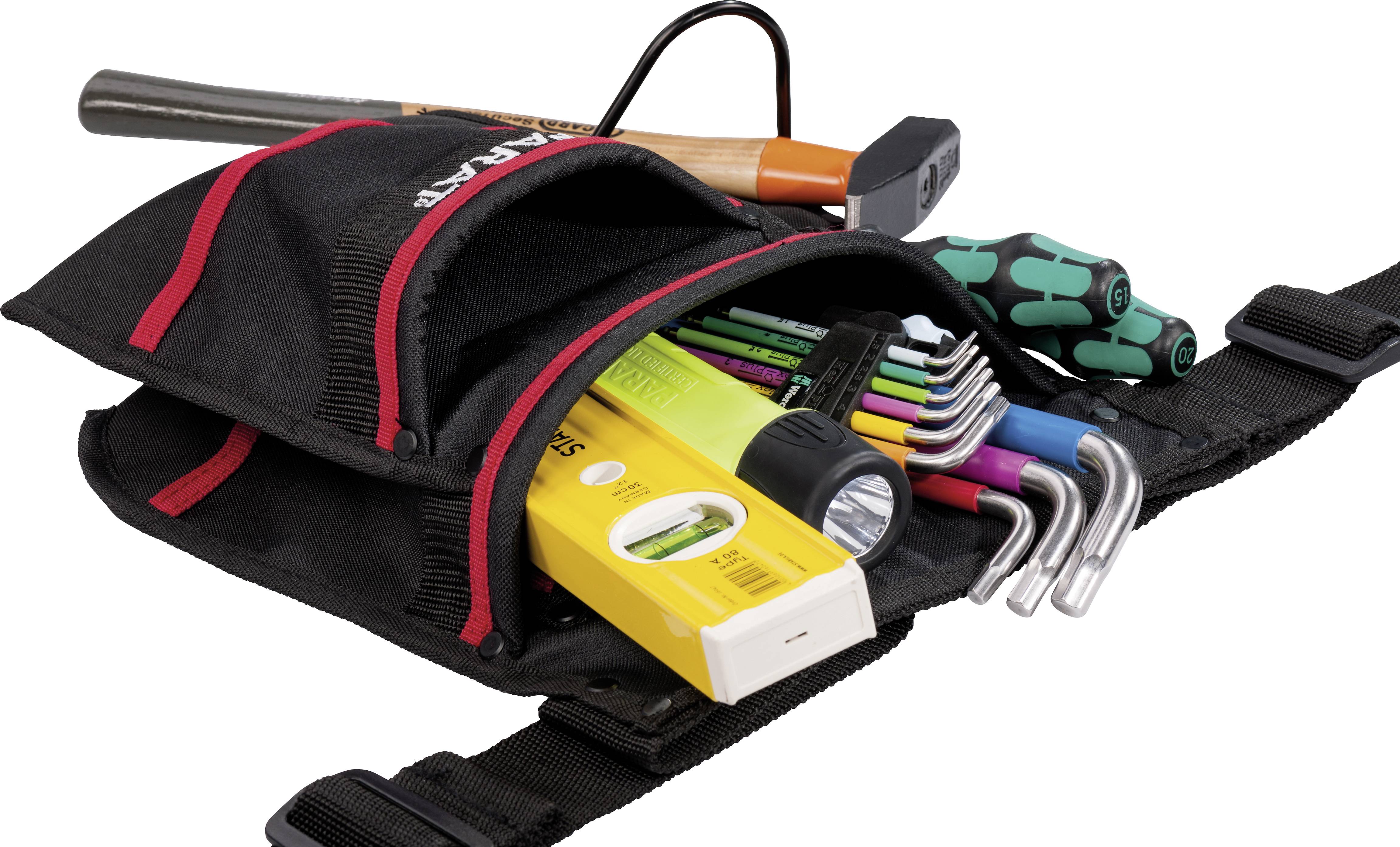 Eine geöffnete Werkzeugtasche mit mehreren Werkzeugen, darunter ein Hammer, Inbusschlüssel, Schraubendreher und ein Maßband.