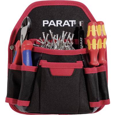 Werkzeugtasche mit Schraubenziehern, Zange, Nägeln und Kugelschreiber, auf schwarzem Stoff mit rotem Rand.