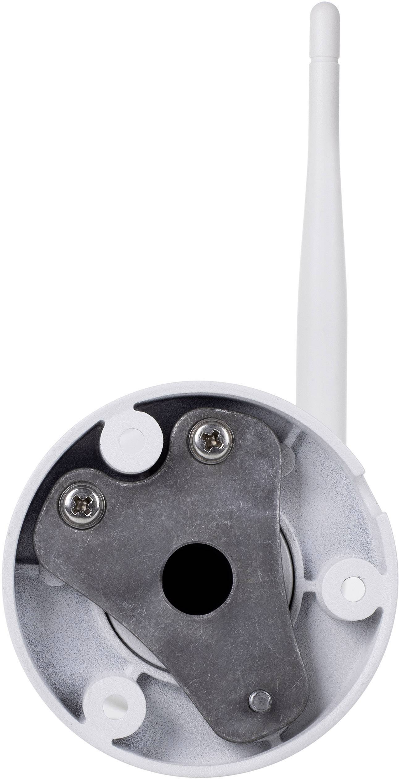 Weiße Überwachungskamera mit Antenne, von hinten gezeigt. Zwei Schrauben sind sichtbar.