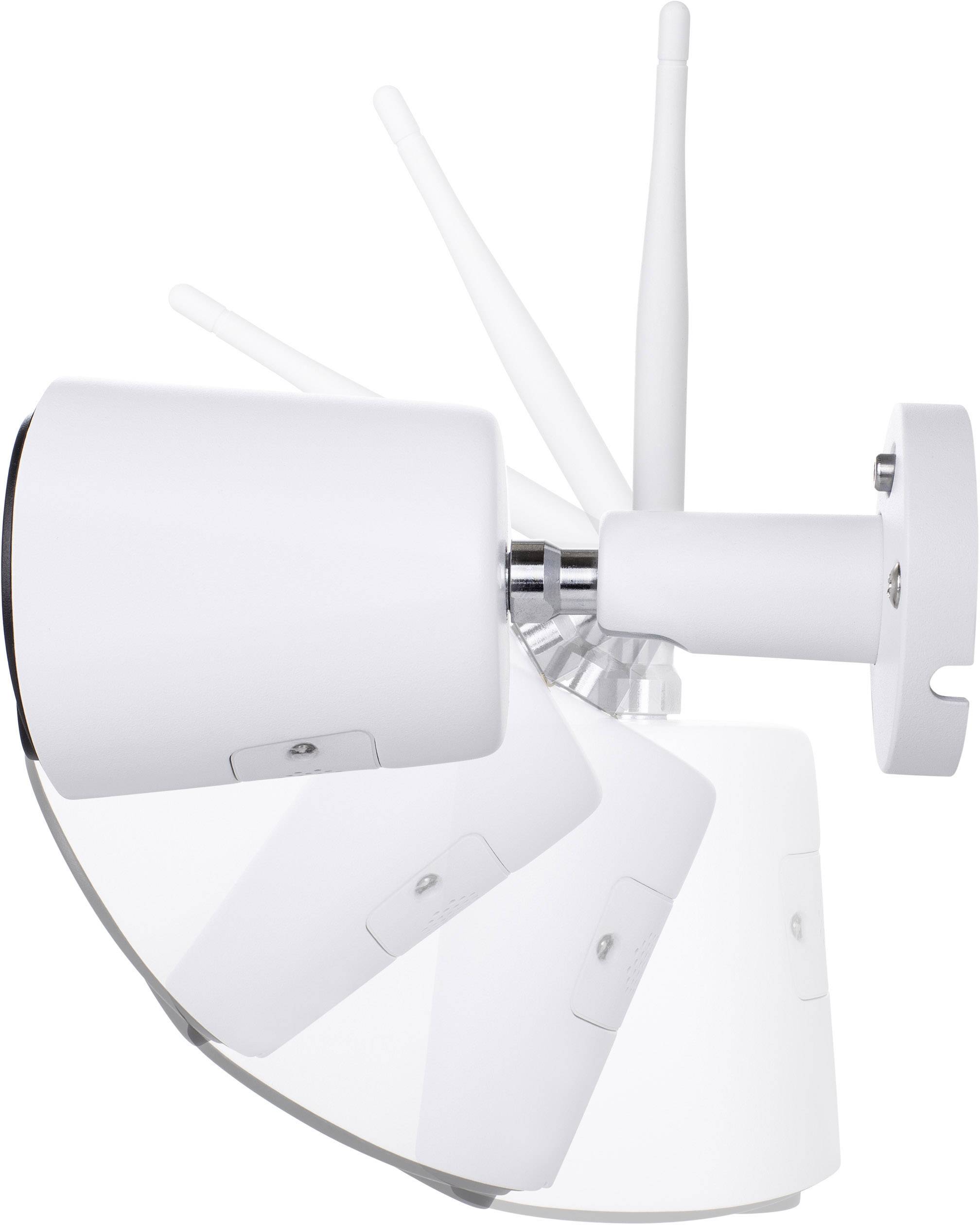 Weiße Überwachungskamera mit verstellbarer Halterung und Antennen, zeigt flexible Installationsmöglichkeiten in verschiedenen Winkeln.