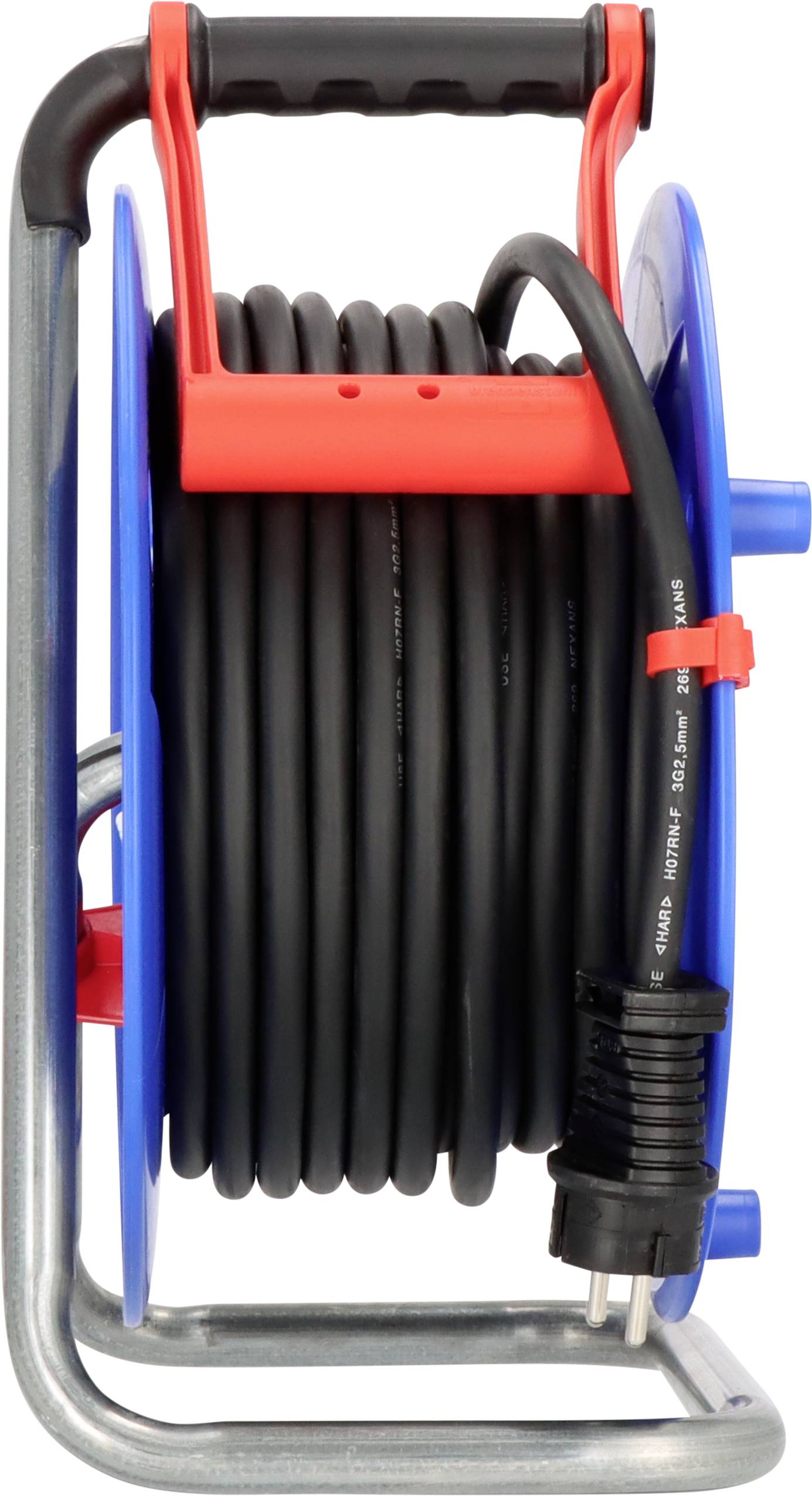 Blau-schwarze Kabeltrommel mit rotem Griff, drei Steckdosen und 25 Meter langem Kabel. Geeignet für Elektrogeräte, bietet flexiblen Einsatz.
