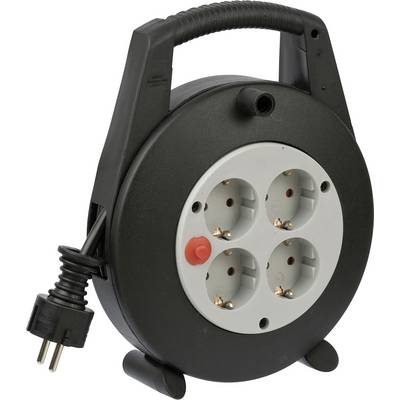 Tragbare schwarze Kabelrolle mit Griff, vier europäische Steckdosen und angebrachtem Stecker.