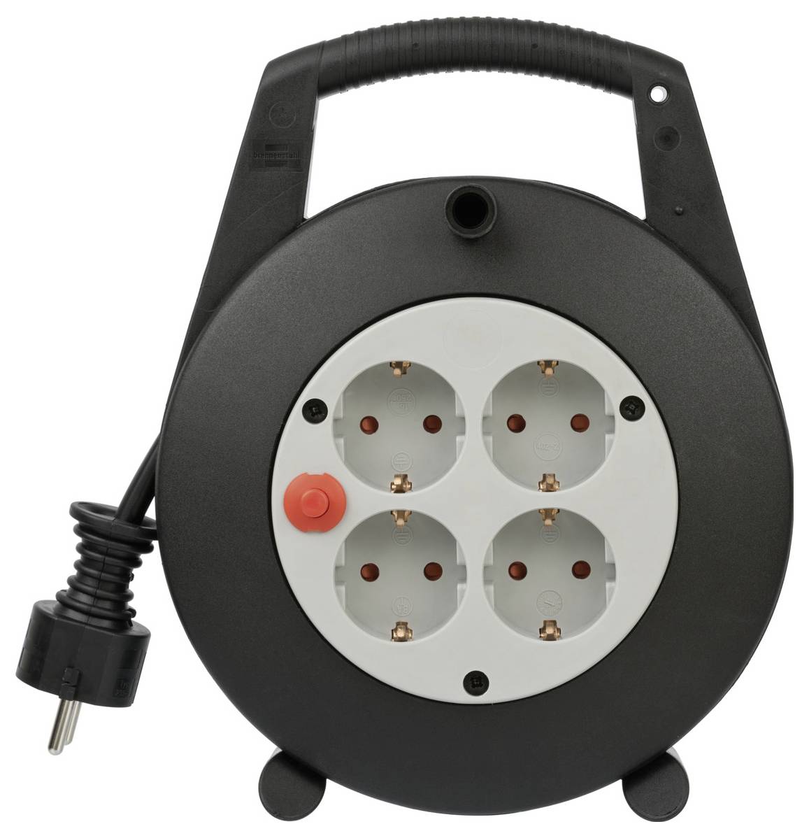 Schwarzer Kabeltrommel mit vier Steckdosen und einem roten Schalter auf der Vorderseite, seitlich aufgerolltes Kabel mit Stecker.