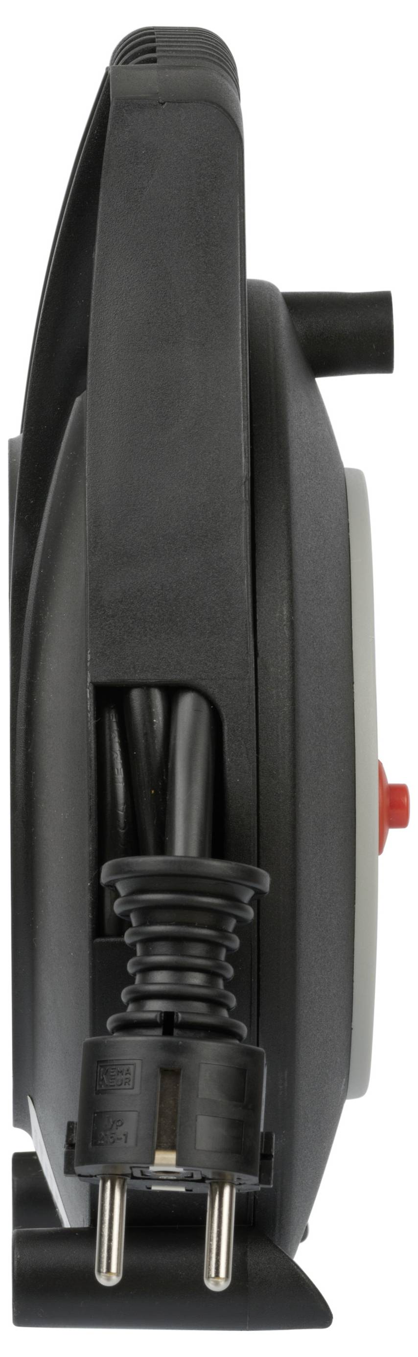 Schwarzes elektrisches Gerät, seitliche Ansicht, mit einem Netzstecker, der in das Gerät integriert ist.