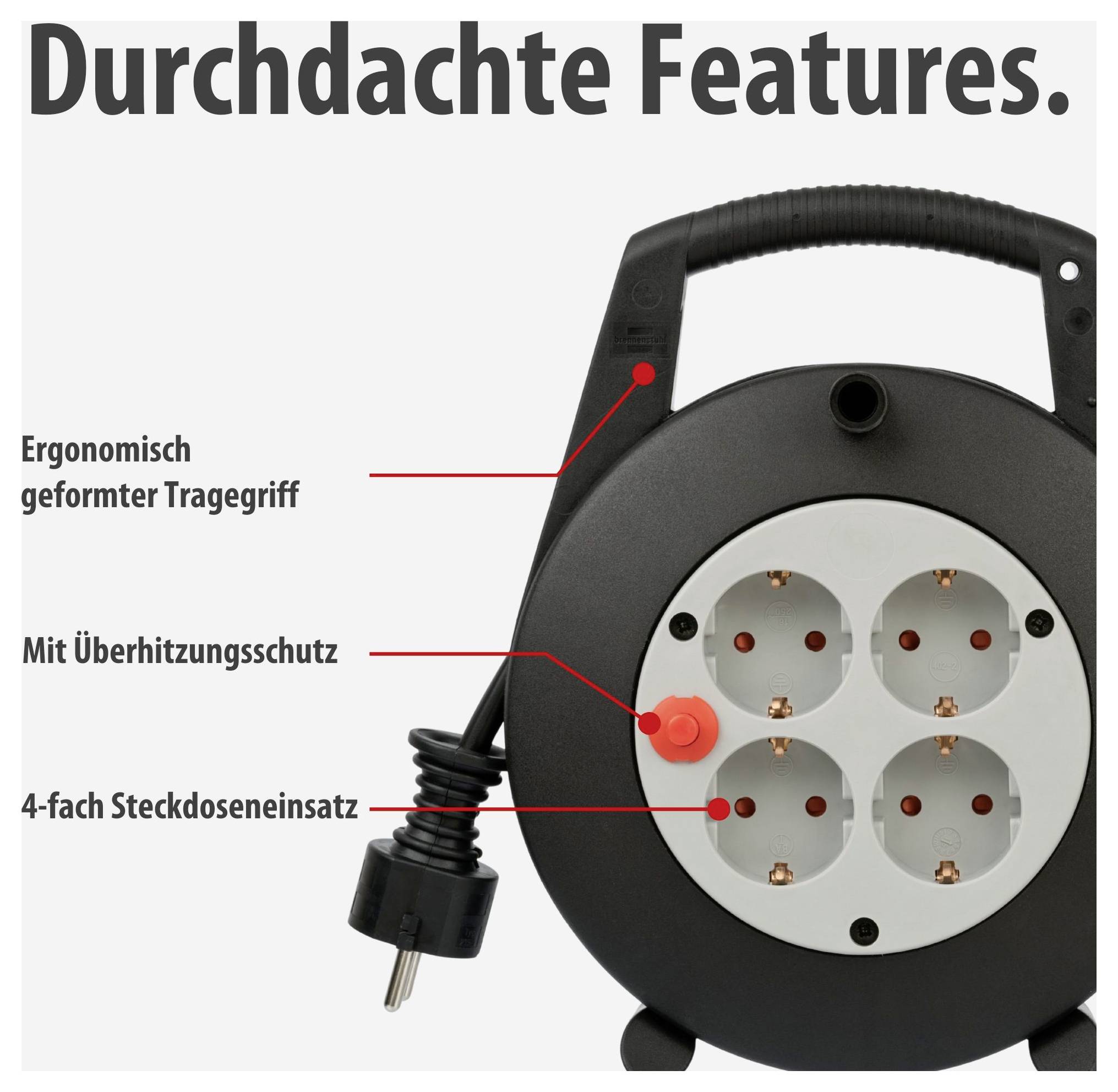 Kabeltrommel mit Tragegriff und vier Steckdosen, markiert mit 'Ergonomisch geformter Tragegriff', 'Mit Überhitzungsschutz' und '4-fach Steckdoseneinsatz'.