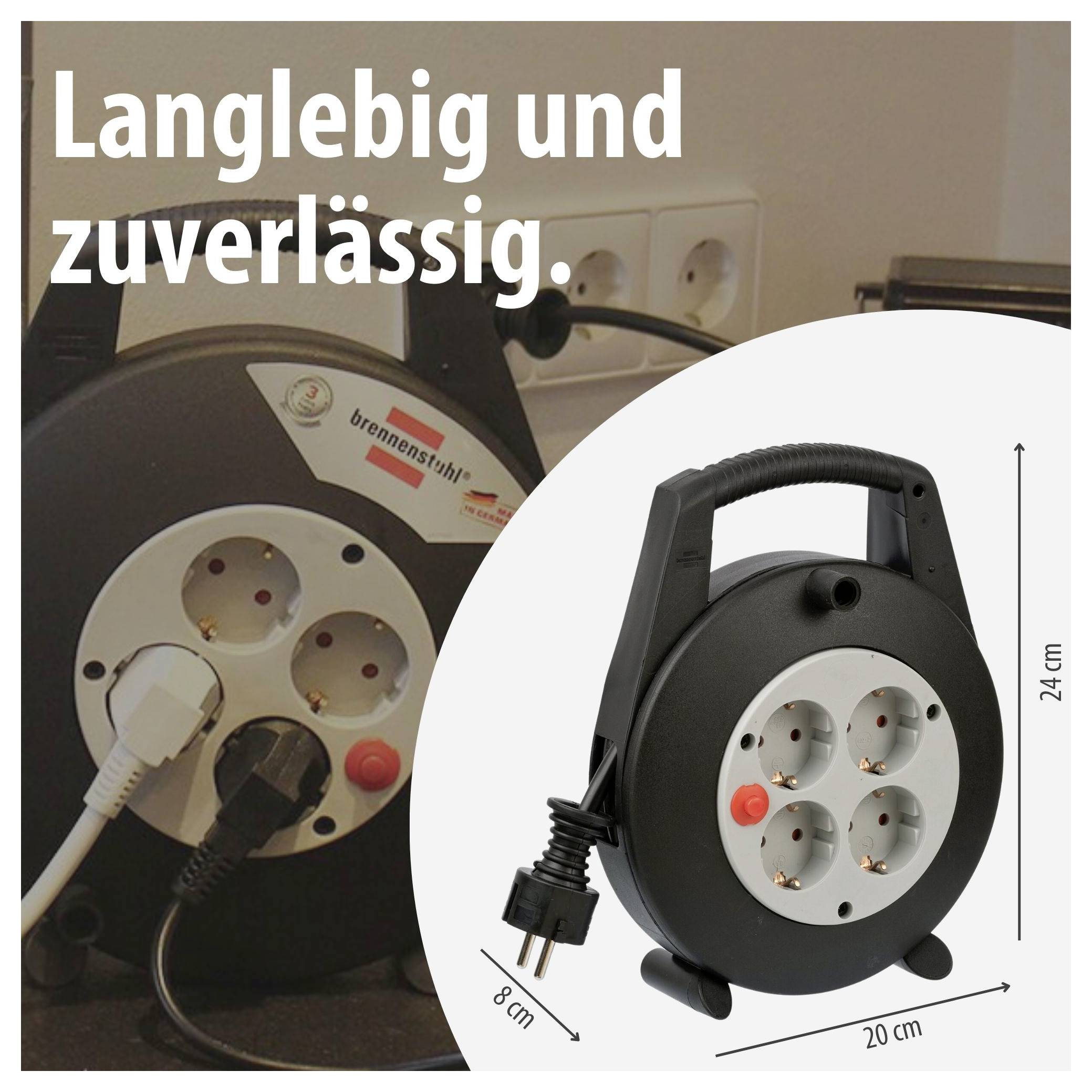 Kabeltrommel mit vier Steckdosen und Griff; Maße 20 cm x 24 cm, Kabel 8 cm. Text: 'Langlebig und zuverlässig.'<br>