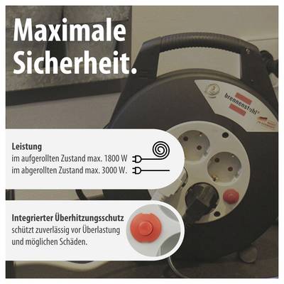 Werbegrafik einer Kabeltrommel mit dem Titel 'Maximale Sicherheit.'; nennt Leistung max. 1800 W aufgerollt und 3000 W abgerollt sowie integrierten Überhitzungsschutz.