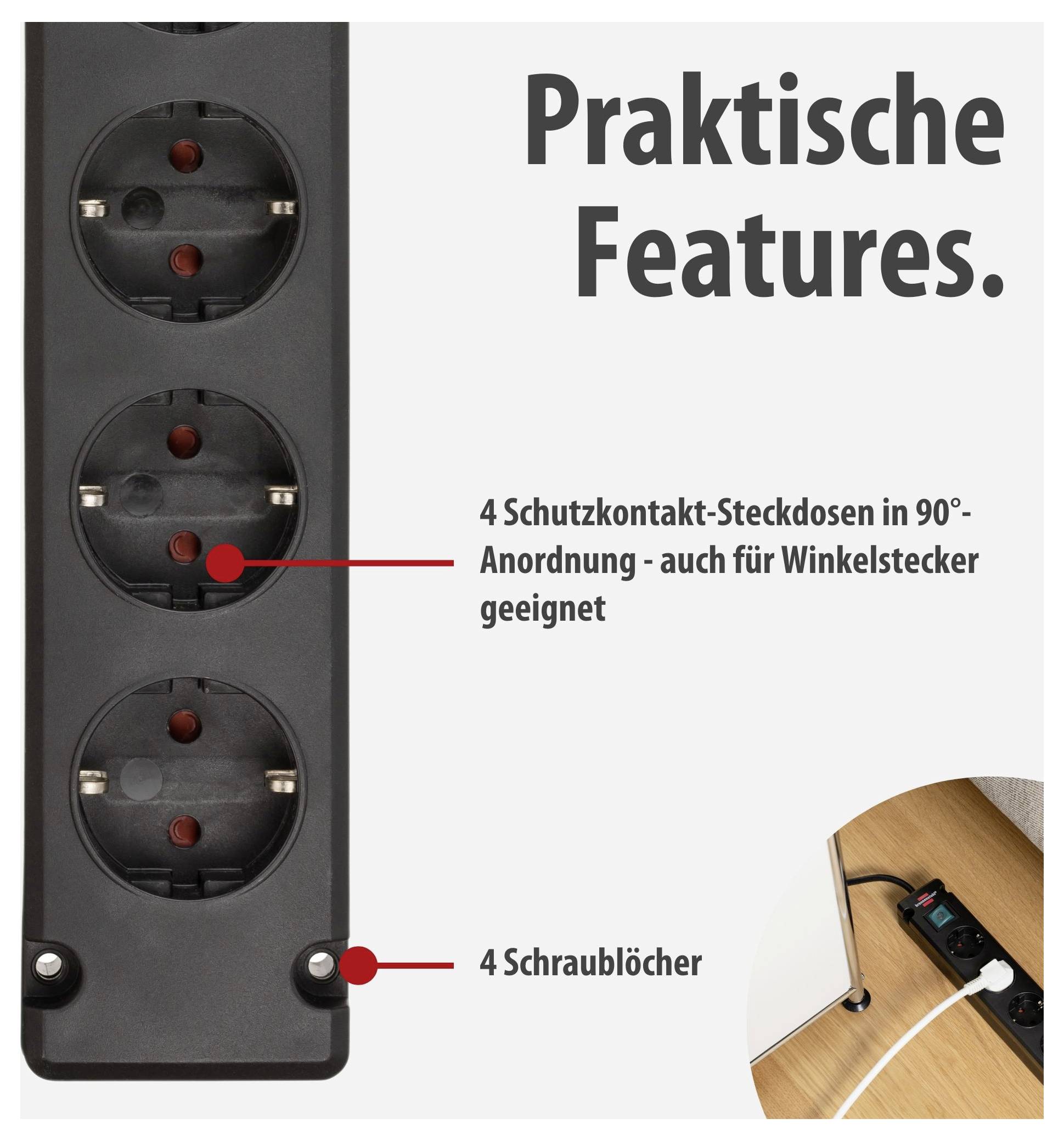 Werbegrafik zu einer Steckdosenleiste: 'Praktische Features' mit 4 Schutzkontakt-Steckdosen in 90°-Anordnung für Winkelstecker und 4 Schraublöchern; kleines Einlegefoto zeigt die Leiste unter dem Tisch.<br>