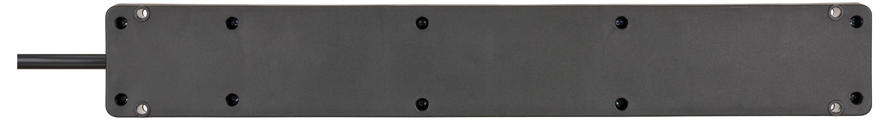 Schwarzes rechteckiges Metallgeräte-Panel mit mehreren Schrauben und einem Kabel, das auf der linken Seite hervorsteht.