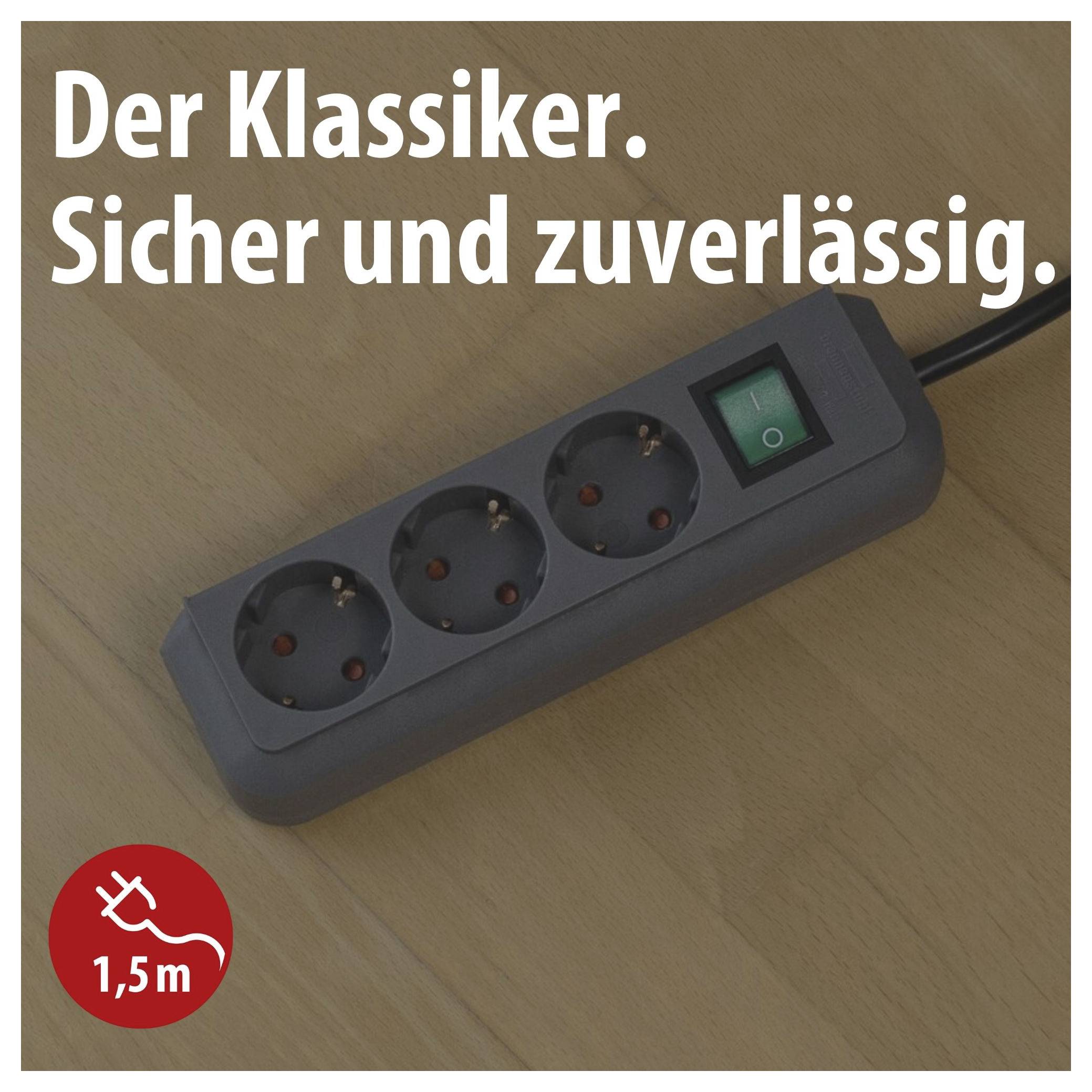 Mehrfachsteckdose mit drei Steckplätzen und Schalter; Text: 'Der Klassiker. Sicher und zuverlässig.' sowie Hinweis '1,5 m'.<br>