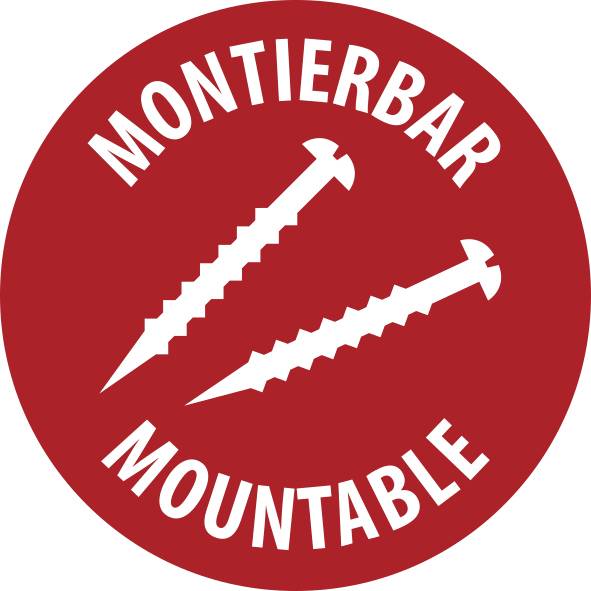 Rotes kreisförmiges Logo mit der Aufschrift „MONTIERRBAR" und „MOUNTABLE" mit zwei weiß dargestellten Schraubensymbolen, die diagonal überkreuzt sind.