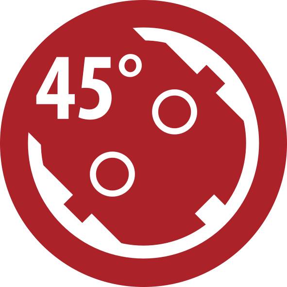 Rotes Kreissymbol mit „45°" und zwei weißen Punkten innen, das eine 45-Grad-Winkel- oder Rotationseinstellung anzeigt.
