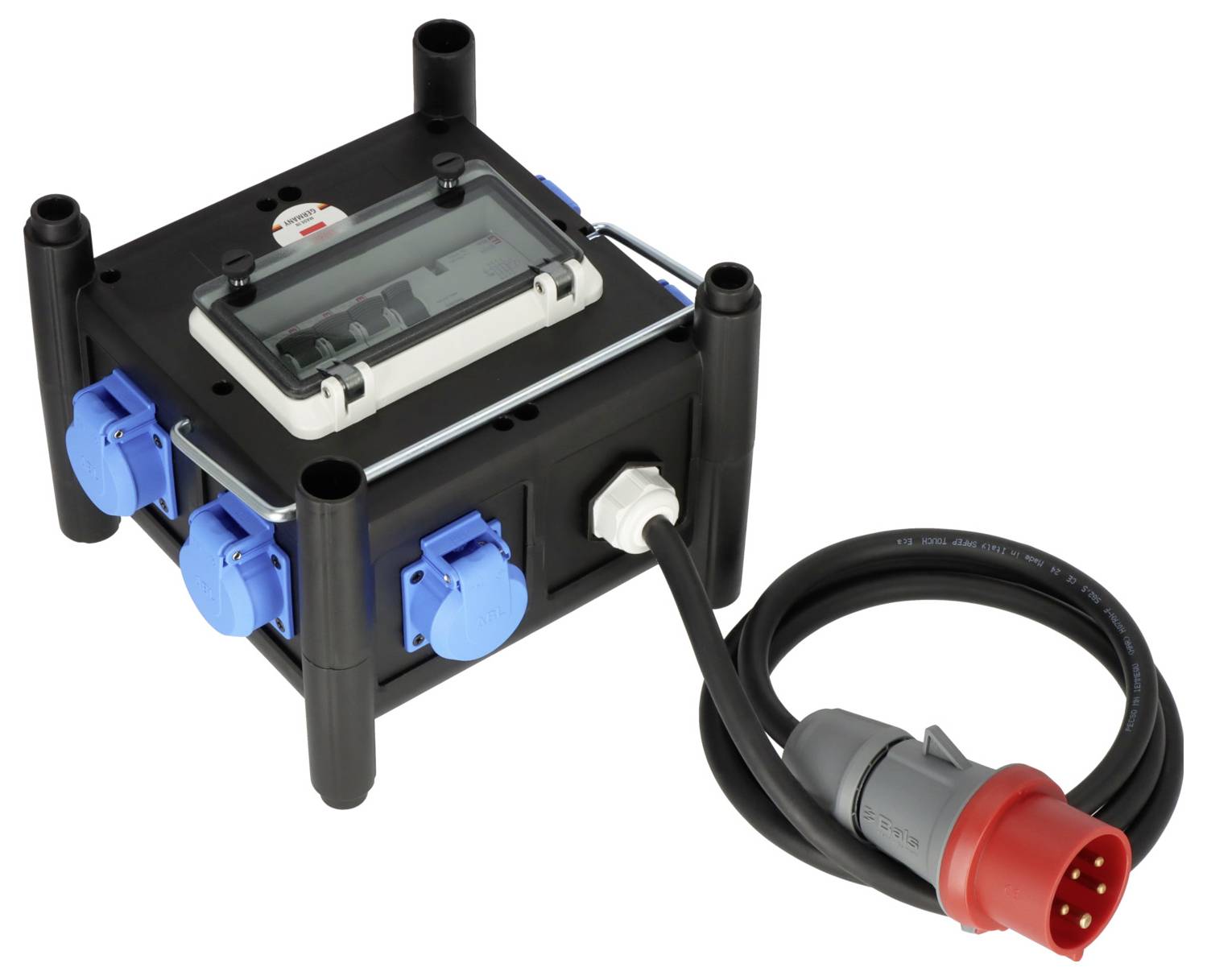 Tragbare elektrische Steuerkiste mit aufklappbarem Klarsichtdeckel, blauen Seitensteckdosen und einem robusten roten Industrie-Stromstecker, der durch ein Kabel angebracht ist.