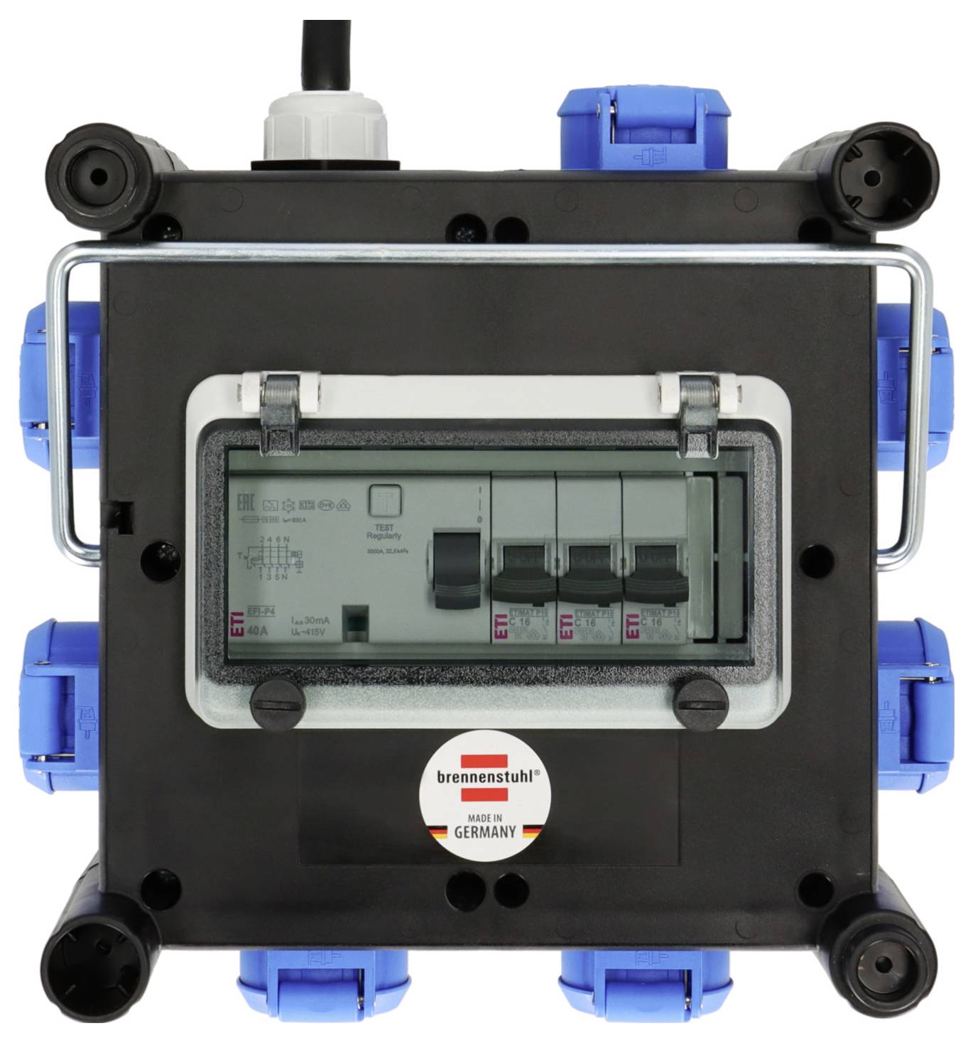 Tragbare Elektroverteilerdose mit durchsichtiger Abdeckung, Leitungsschutzschaltern und blauen Stromsteckern.