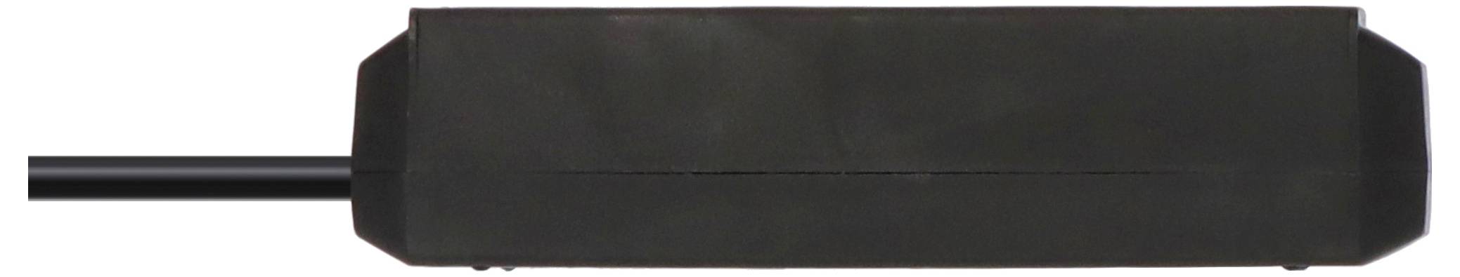 Schwarzes rechteckiges elektronisches Gerät mit einem kurzen Kabel, das an einem Ende hervorsteht, vor weißem Hintergrund dargestellt.