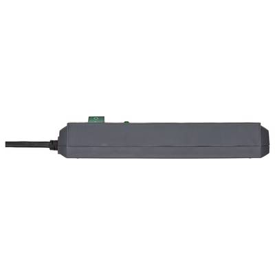 Schwarzes rechteckiges elektronisches Gerät mit einem Stromkabel auf der linken Seite und einer kleinen grünen Lasche oben, dargestellt auf weißem Hintergrund.