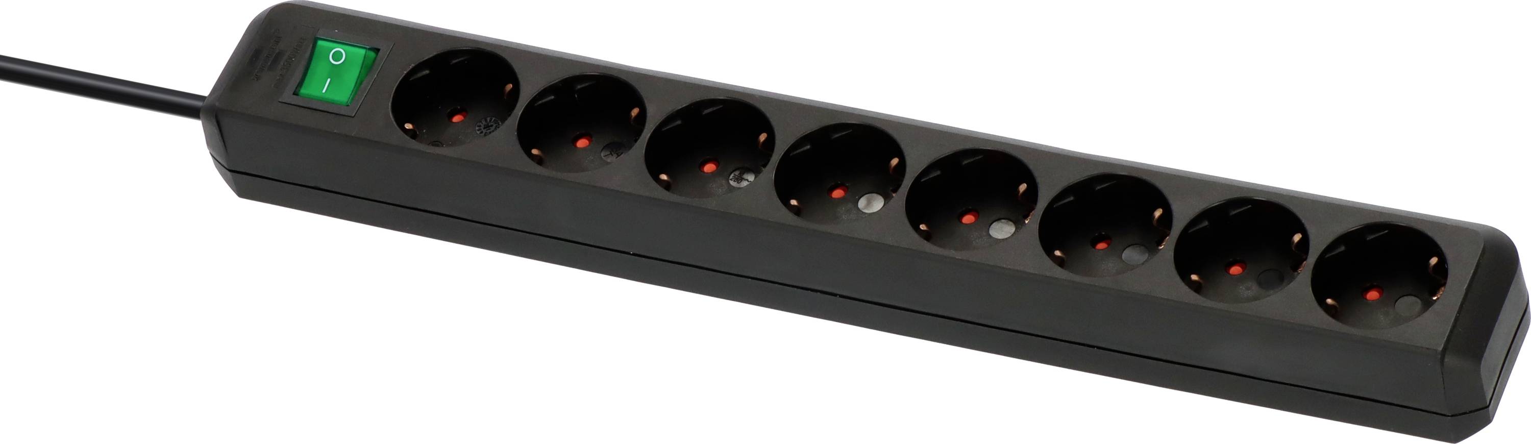 Schwarze Steckdosenleiste mit acht Steckplätzen und einem grünen Ein-/Ausschalter links oben.