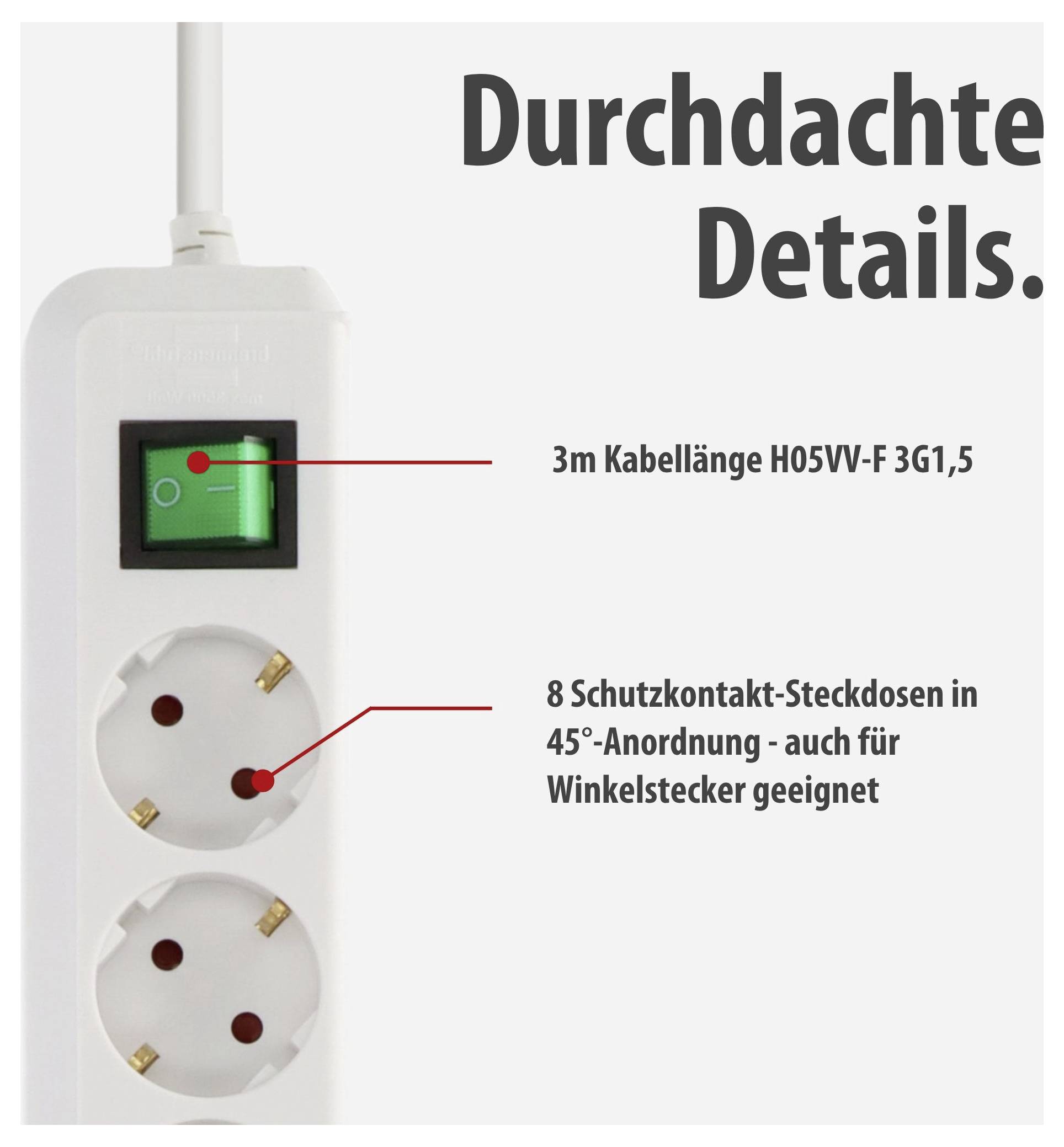 Weiße Steckdosenleiste mit Schalter und zwei Schuko-Steckdosen; hervorgehoben: 3 m Kabel und 45°-Anordnung für Winkelstecker.