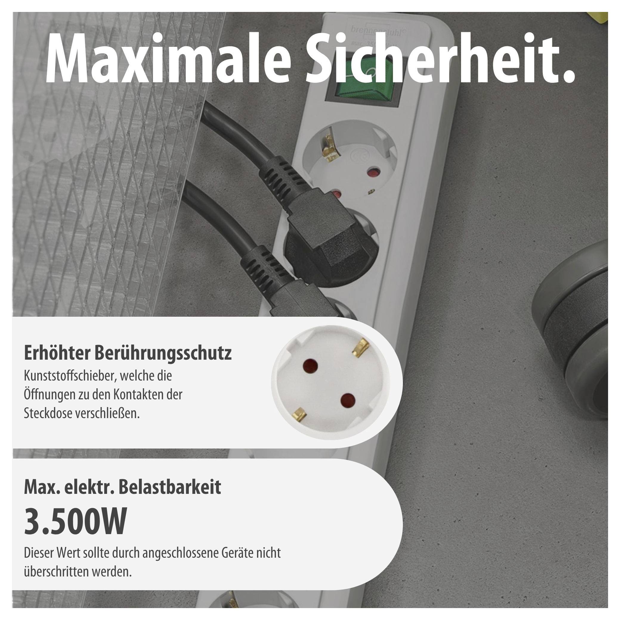 Werbeplakat für eine Steckdosenleiste mit der Aufschrift 'Maximale Sicherheit', zeigt erhöhten Berührungsschutz und max. elektrische Belastbarkeit 3.500 W.