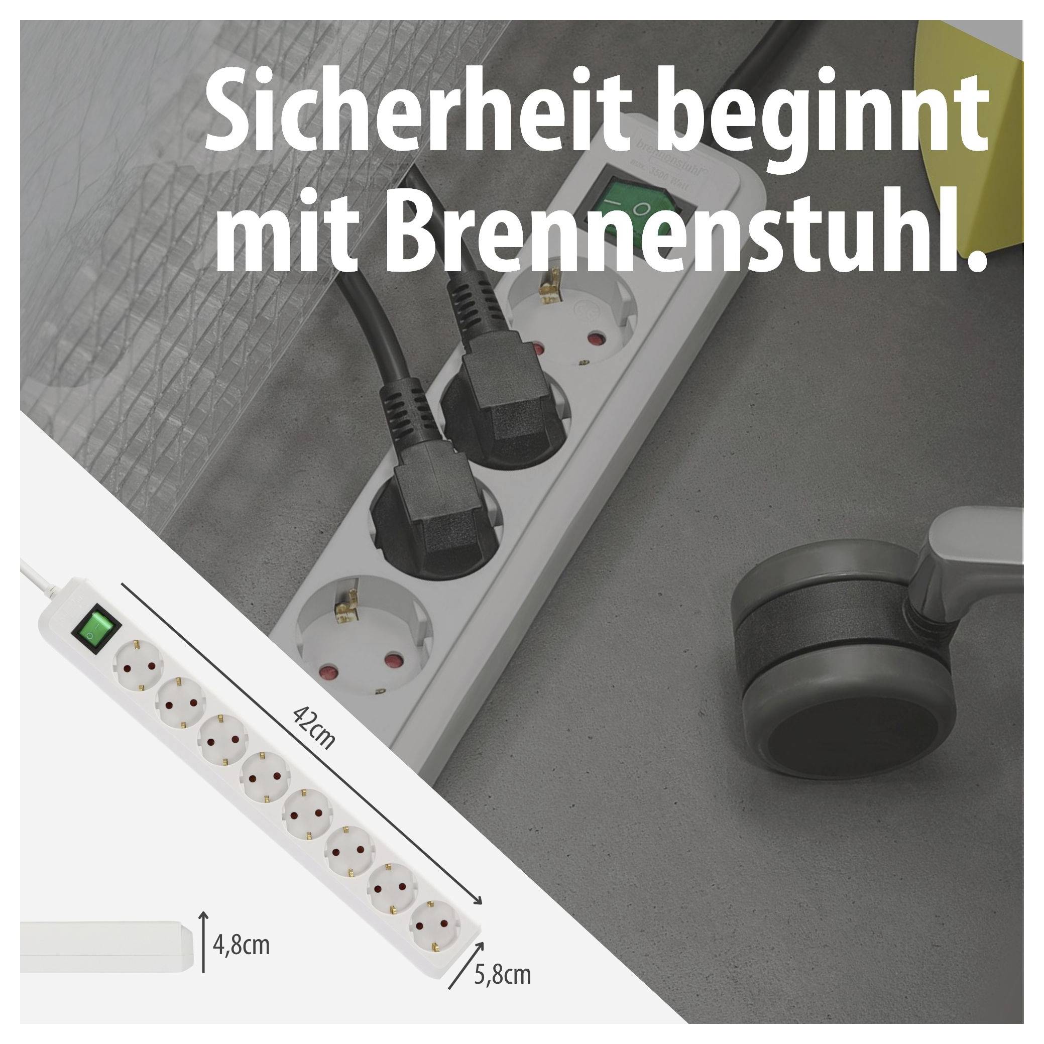 Mehrfachsteckdose von Brennenstuhl mit Ein-/Ausschalter und Maßangaben 42 cm, 4,8 cm und 5,8 cm; Slogan: 'Sicherheit beginnt mit Brennenstuhl.'