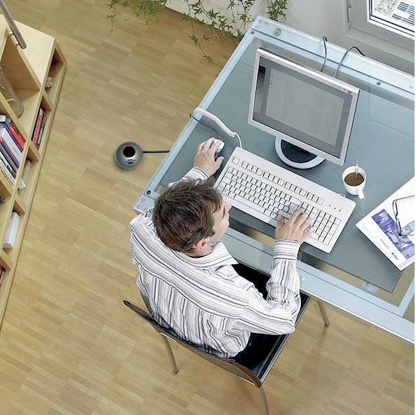 Ein Mann sitzt an einem Glasschreibtisch, arbeitet am Computer. Auf dem Tisch sind eine Maus, Tasse, Dokumente und Pflanzen sichtbar.