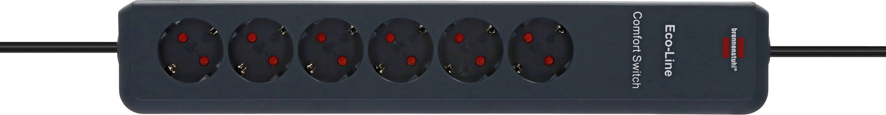 Eine schwarze Steckdosenleiste mit sechs Steckplätzen und rotem Ein-/Ausschalter, beschriftet mit 'Eco-Line Comfort Switch'.