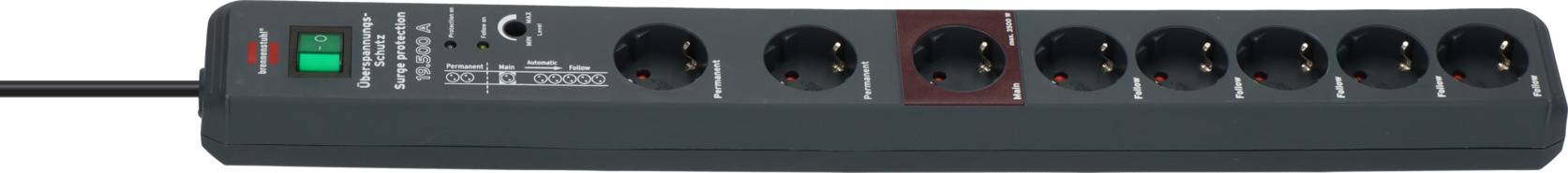 Eine schwarze Steckdosenleiste mit acht Steckplätzen und einem roten Ein/Aus-Schalter links.