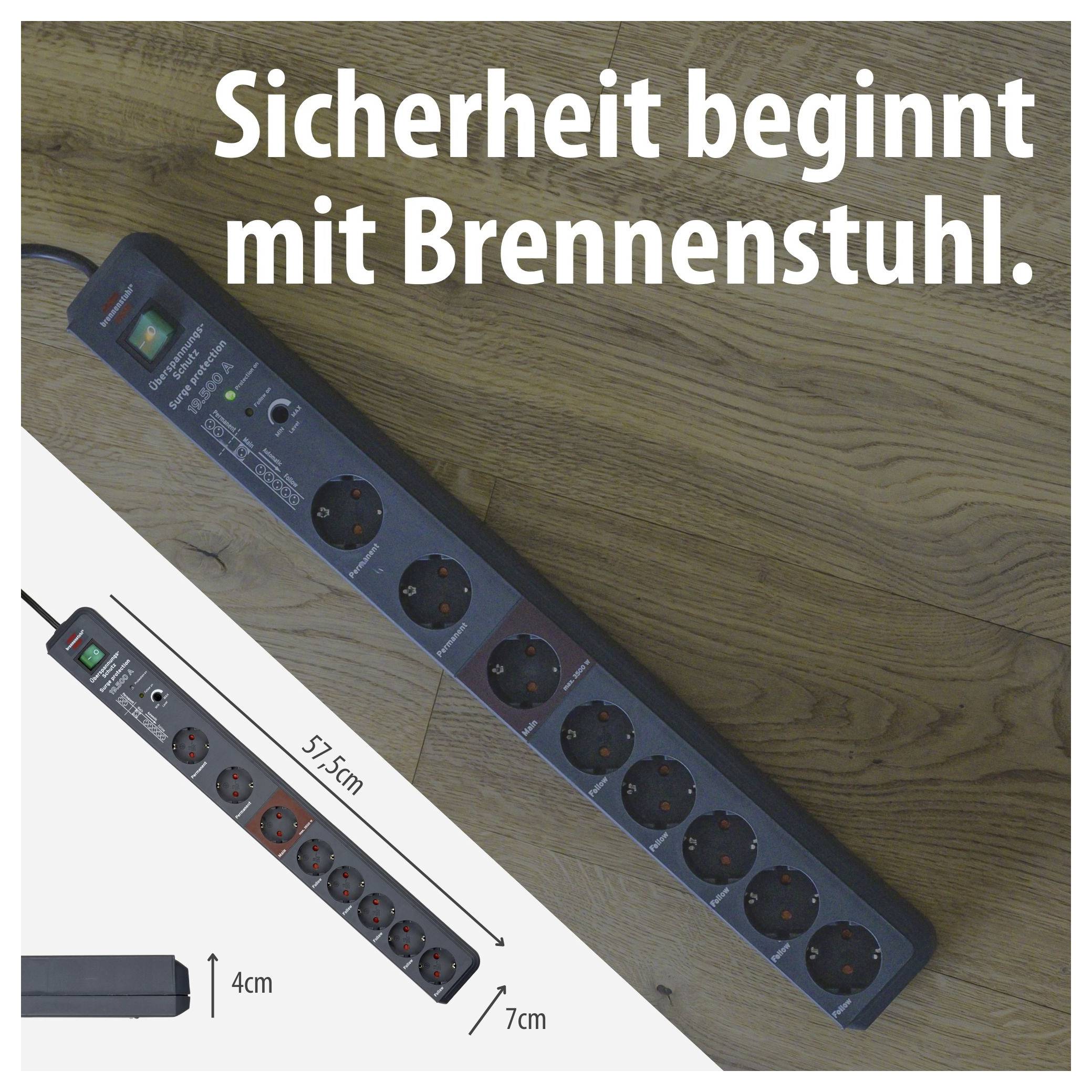 Mehrfachsteckdose mit Überspannungsschutz auf Holzfläche; Text 'Sicherheit beginnt mit Brennenstuhl.' sowie Maße 57,5 cm, 4 cm und 7 cm.