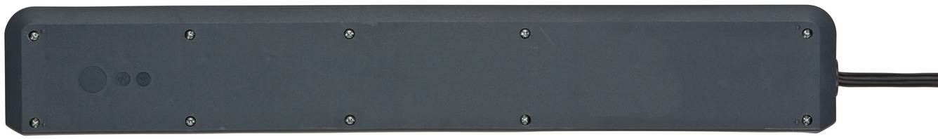 Eine schwarze Mehrfachsteckdose mit mehreren Steckplätzen und einem Kabel auf der rechten Seite.