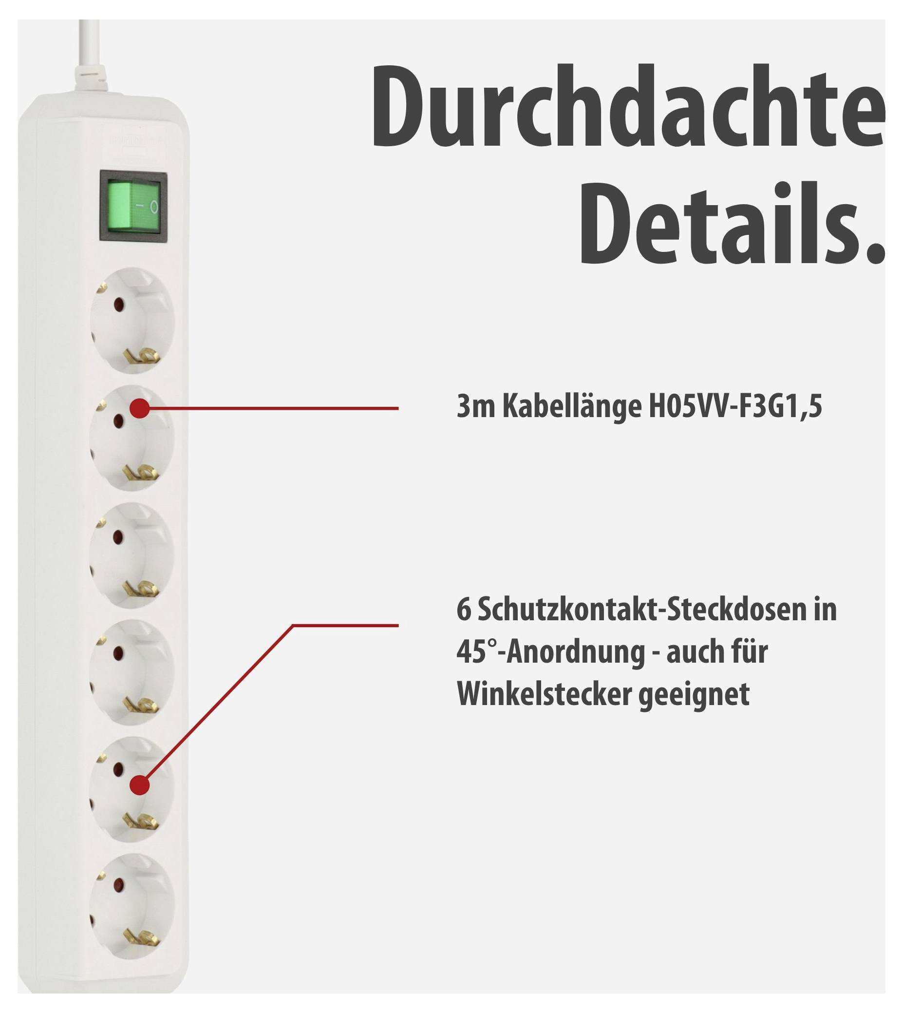 Werbung für eine weiße Steckdosenleiste mit 6 Schutzkontakt-Steckdosen in 45°-Anordnung und 3 m Kabellänge; Text: 'Durchdachte Details.'<br>