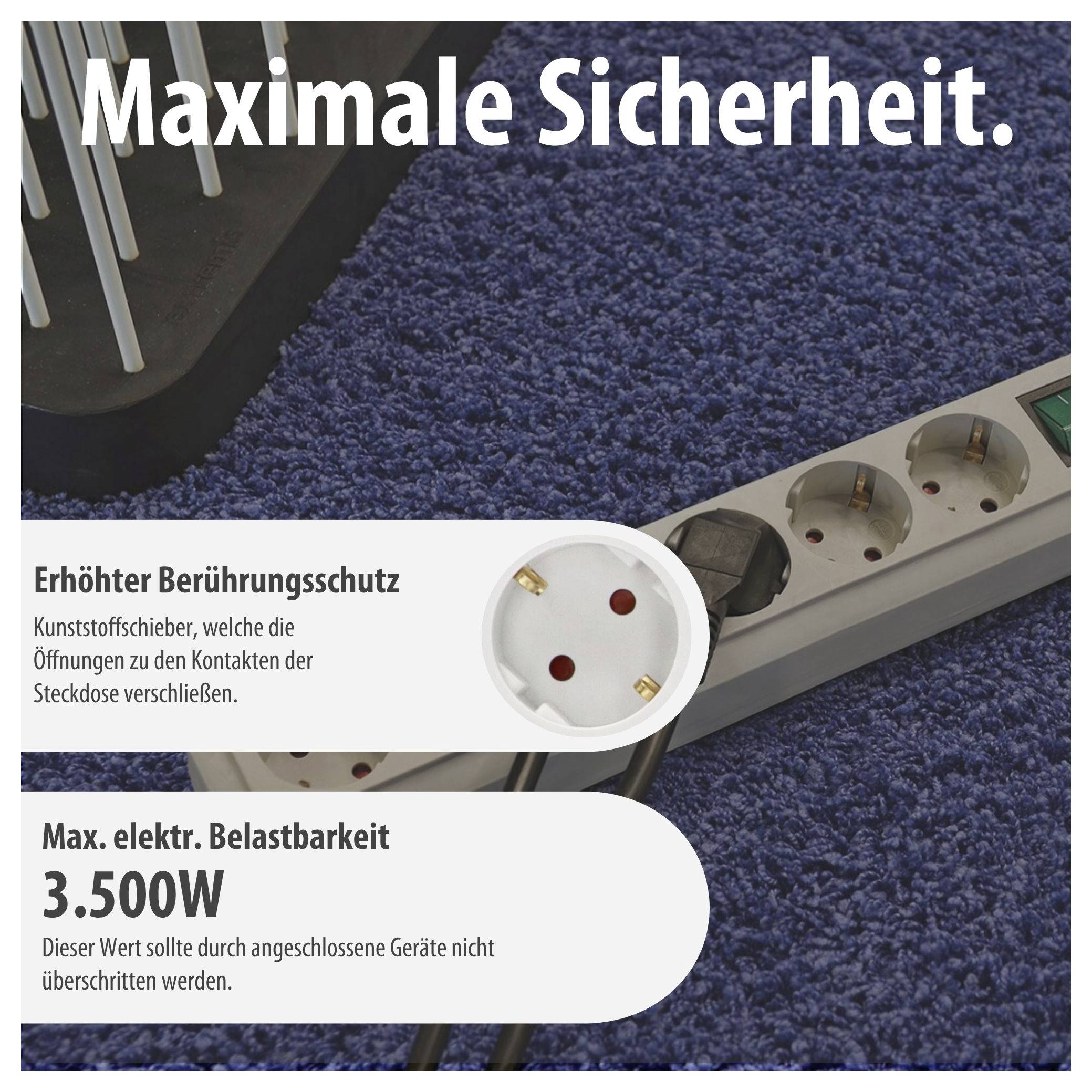 Werbegrafik für eine Steckdosenleiste: 'Maximale Sicherheit' mit erhöhtem Berührungsschutz und maximaler elektrischer Belastbarkeit von 3.500 W.