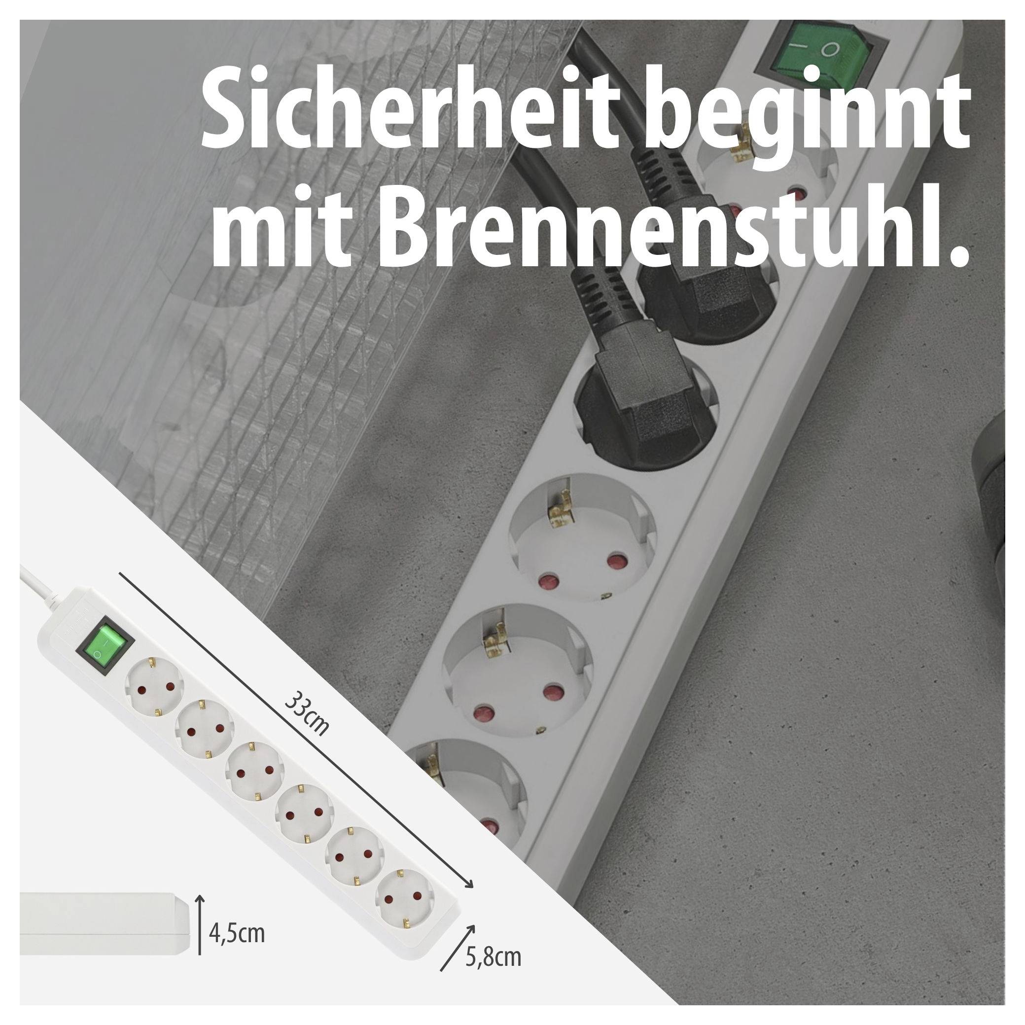 Werbebild einer Brennenstuhl-Steckdosenleiste mit Text 'Sicherheit beginnt mit Brennenstuhl.'; zeigt mehrere Steckdosen, Schalter und Maßangaben 33 cm, 4,5 cm, 5,8 cm.