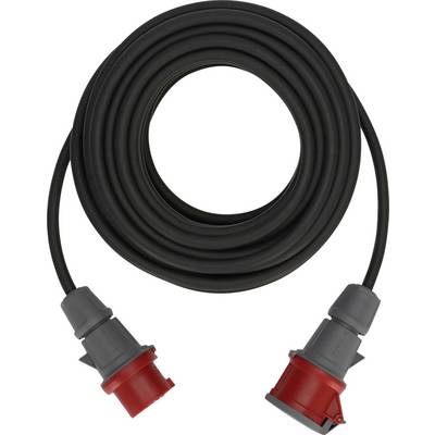 Aufgerolltes schwarzes Kabel mit roten Industriesteckverbindern an beiden Enden, isoliert auf weißem Hintergrund.