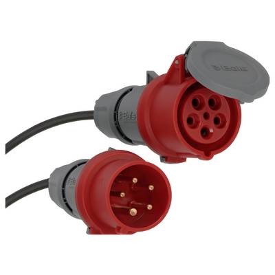 Zwei industrielle Elektrostecker mit roten und grauen Kappen an schwarzen Kabeln auf weißem Hintergrund.