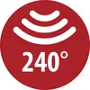 Rotes kreisförmiges Warnsymbol mit drei weißen gebogenen Wellen über dem Text „24°".