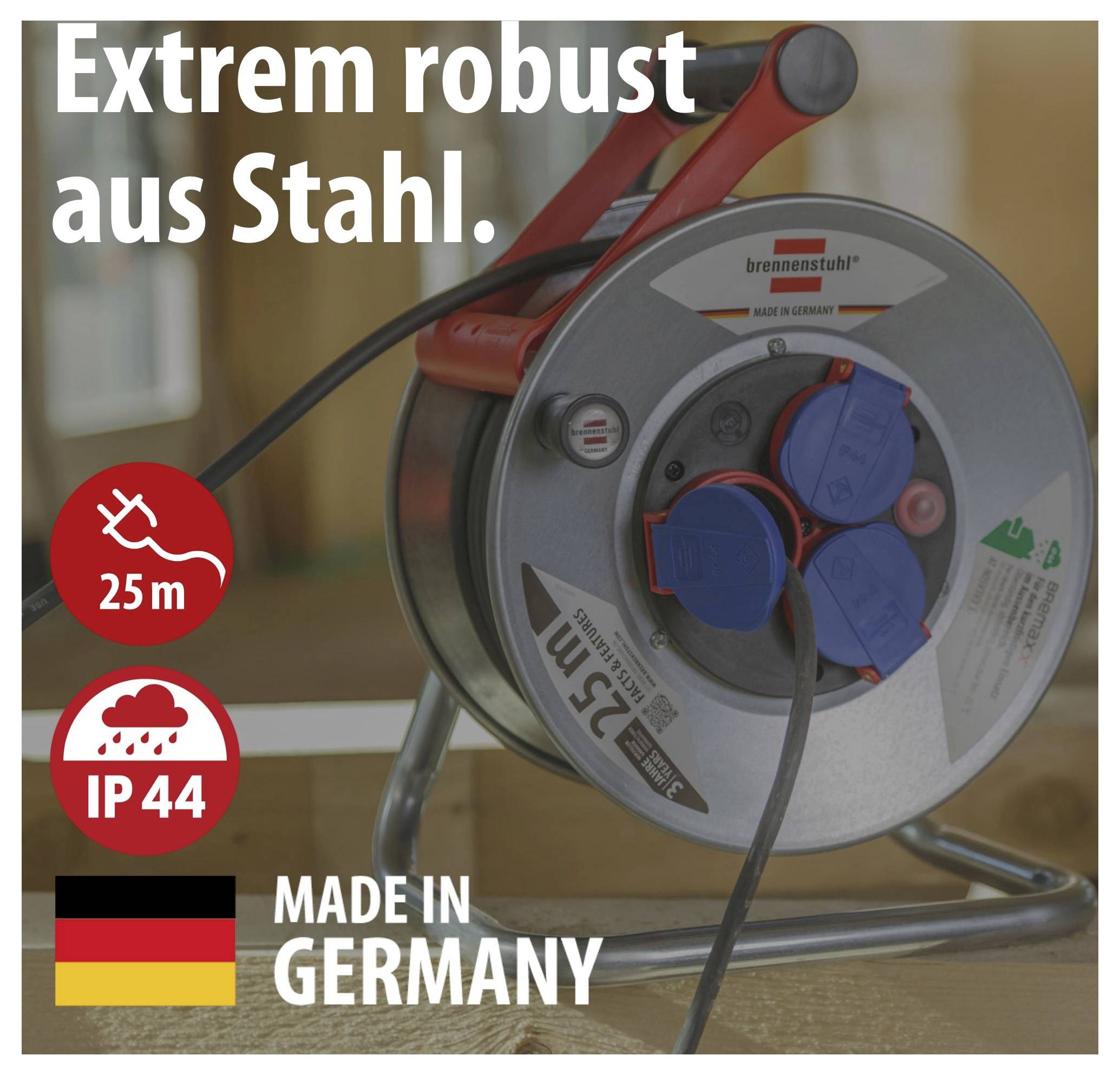 Robuste Kabeltrommel aus Stahl mit 25 m Länge, IP44 und 'Made in Germany'; Werbetext 'Extrem robust aus Stahl.'<br>