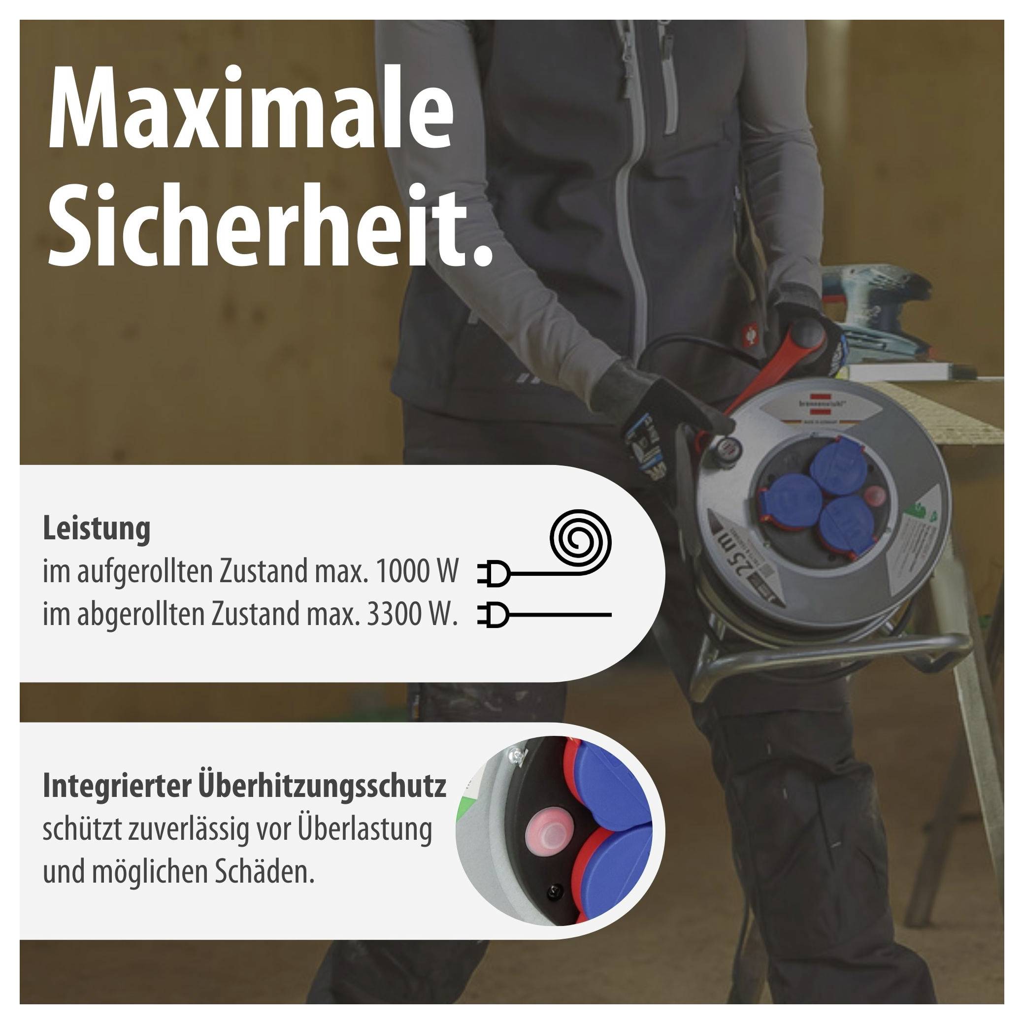 Werbebild für ein Gerät mit der Überschrift 'Maximale Sicherheit.'; nennt Leistung: aufgerollt max. 1000 W, abgerollt max. 3300 W, sowie integrierten Überhitzungsschutz.<br>