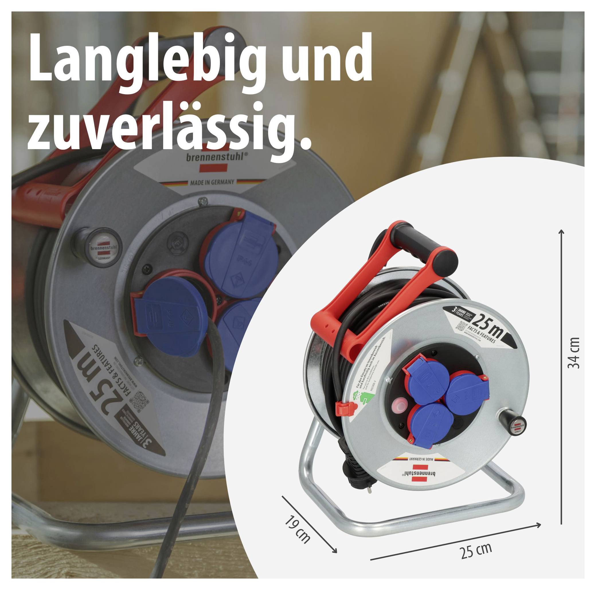 Werbeabbildung einer Kabeltrommel: links unscharf im Einsatz, rechts Produkt mit Aufdruck 'Langlebig und zuverlässig.', Maße 25 cm, 19 cm und 34 cm.<br>