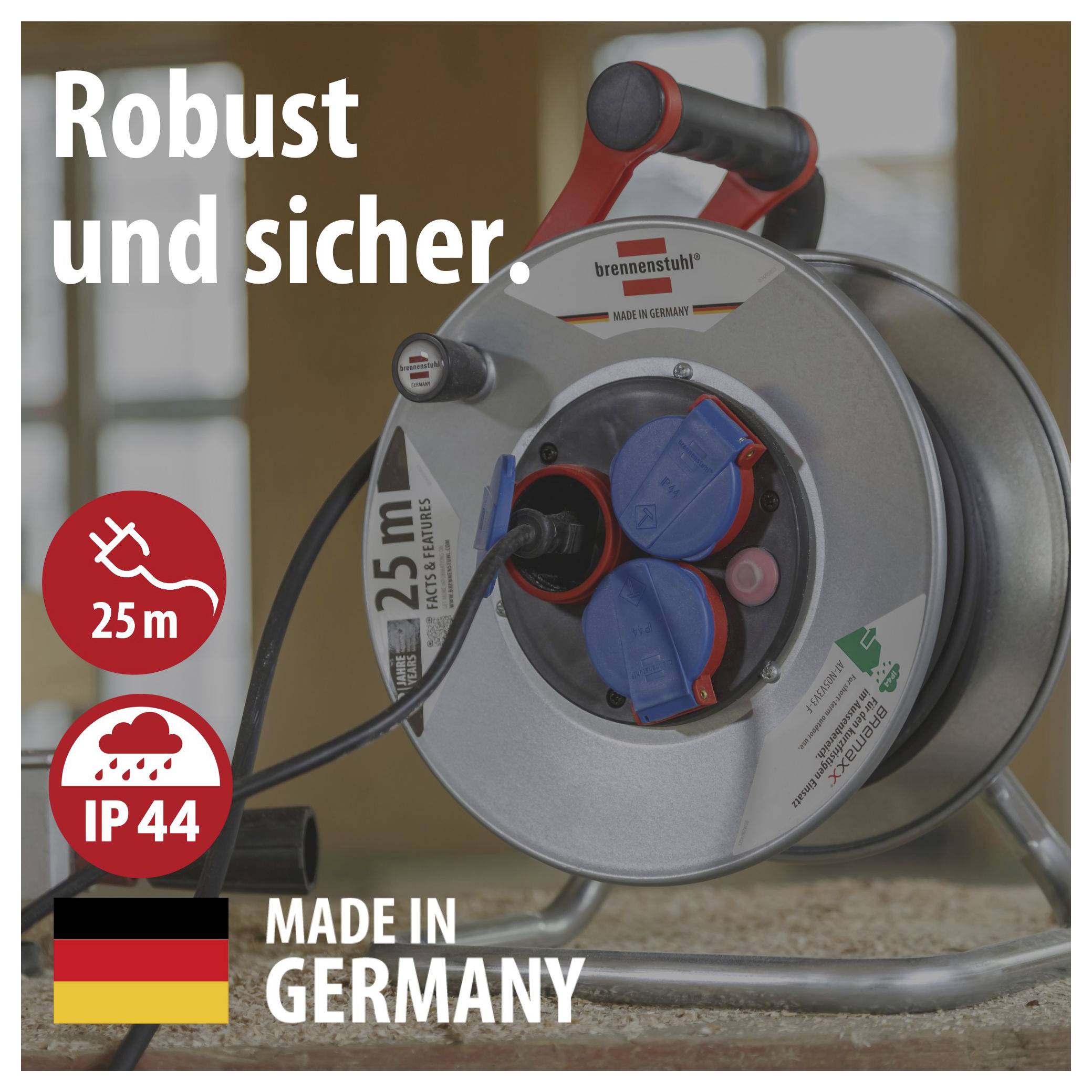 Kabeltrommel von Brennenstuhl mit den Hinweisen 'Robust und sicher', 25 m, IP44 und 'Made in Germany'.