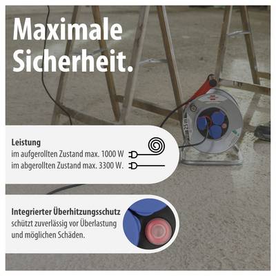 Werbeabbildung einer Kabeltrommel: Text 'Maximale Sicherheit.'; 1000 W aufgewickelt, 3300 W abgerollt; integrierter Überhitzungsschutz gegen Überlastung.<br>