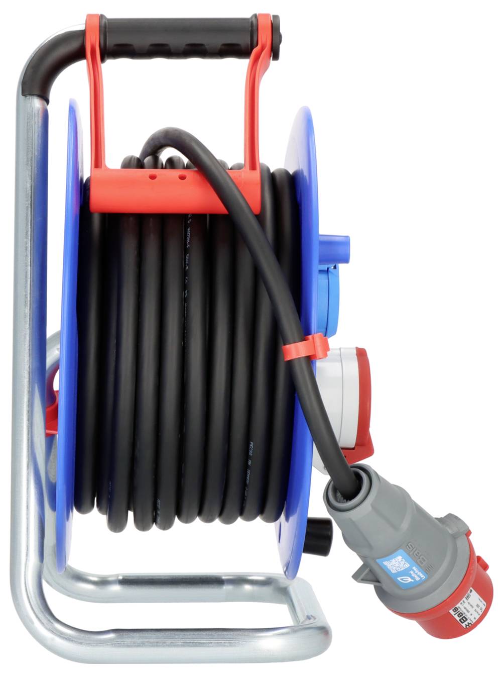 Kabeltrommel mit schwarzem Kabel und rotem Stecker, montiert auf blauem Halter mit Metallgriff. Geeignet für industrielle Anwendungen.