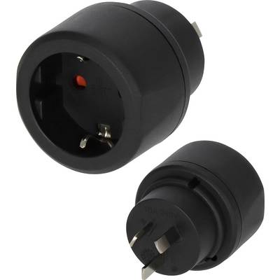 Zwei schwarze Reisestecker für europäische Steckdosen, gezeigt auf weißem Hintergrund.