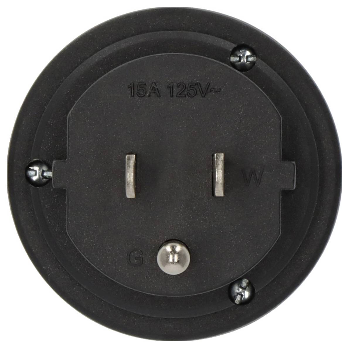 Nahaufnahme einer schwarzen, kreisförmigen Steckdosenplatte mit zwei vertikalen Schlitzen und einem Schutzleiter-Kontakt, beschriftet mit "15A 125V~".