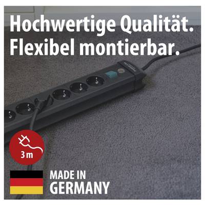 Steckdosenleiste mit 3 m Kabel auf grauem Teppich; Text: 'Hochwertige Qualität. Flexibel montierbar.' sowie 'MADE IN GERMANY'.<br>