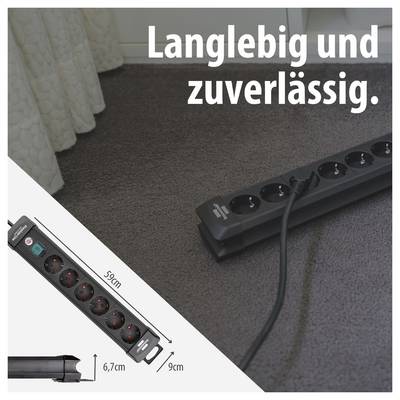 Werbebild einer schwarzen Steckdosenleiste mit Kabel auf Teppich; Text: 'Langlebig und zuverlässig.' und Maßangaben 59 cm und 6,7 cm.