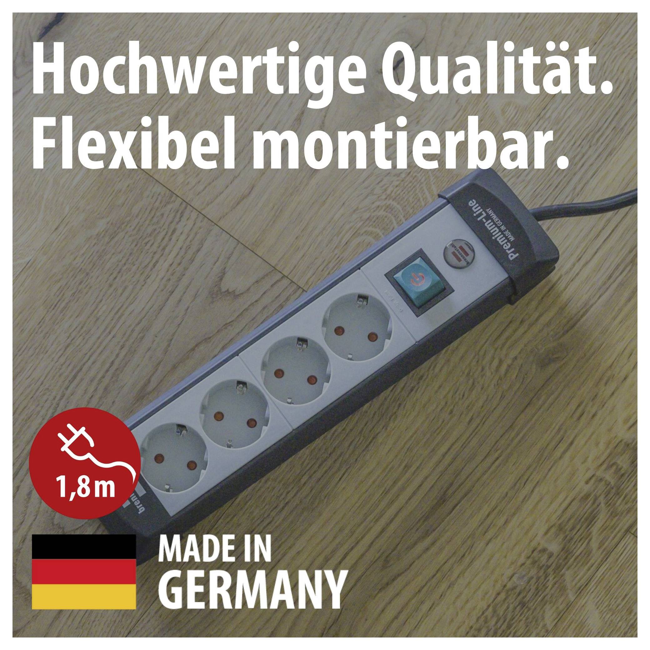 Mehrfachsteckdose auf Holzboden mit Text 'Hochwertige Qualität. Flexibel montierbar.', Hinweis 'Made in Germany' und '1,8 m'.