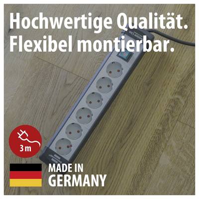 Steckdosenleiste auf Holzboden mit Text 'Hochwertige Qualität. Flexibel montierbar.', 3 m Kabellänge und 'Made in Germany'.
